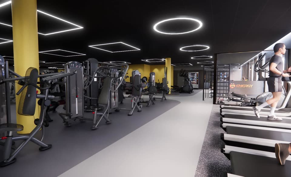 3D-tegning av apparatsalen og tredemøllene på ENERGY Fitness Horten