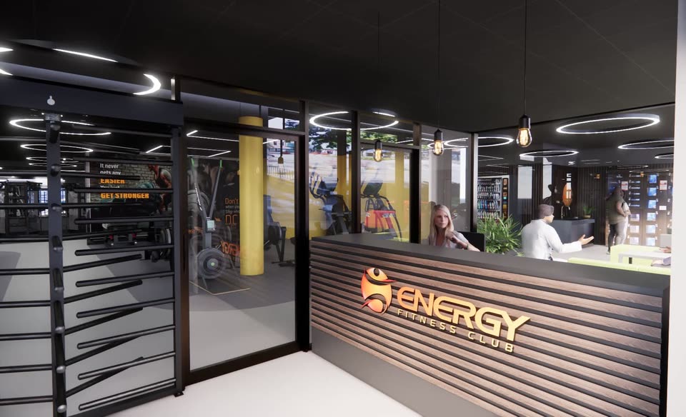 3D-tegning av resepsjonen på ENERGY Fitness Horten