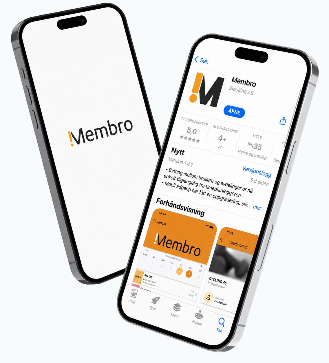 Membro-appen på to mobiler, med appsiden i App Store