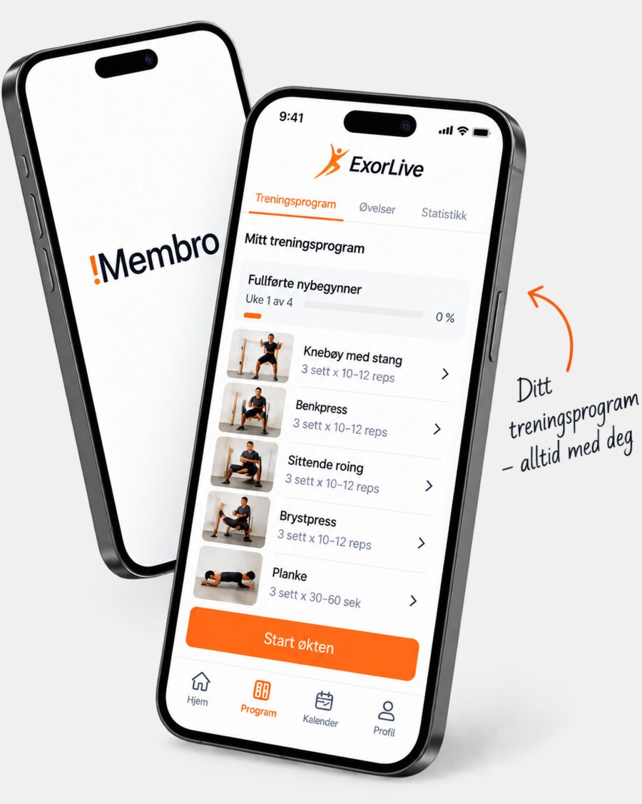 ExorLive-appen på mobil med et nybegynnerprogram: knebøy, benkpress, sittende roing, brystpress og planke